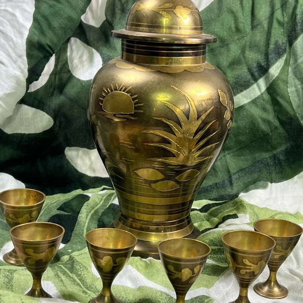 Etched 2 tone Brass Ginger Jar Urn 9” w/Lid & 6 Goblets‎ Birds, flowers, trees